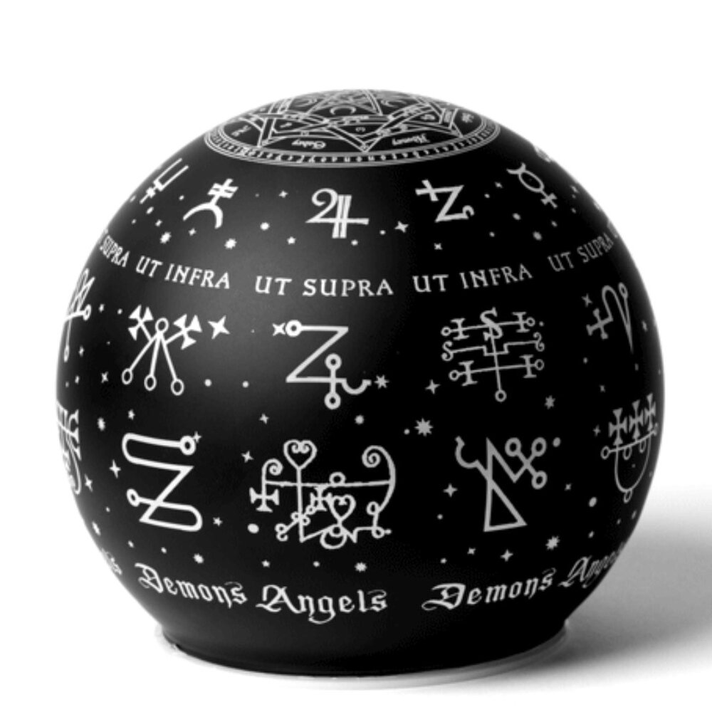 Alchemy Gothic Angels and Demons LED Globe Light Black Glass Etched Symbols NIB